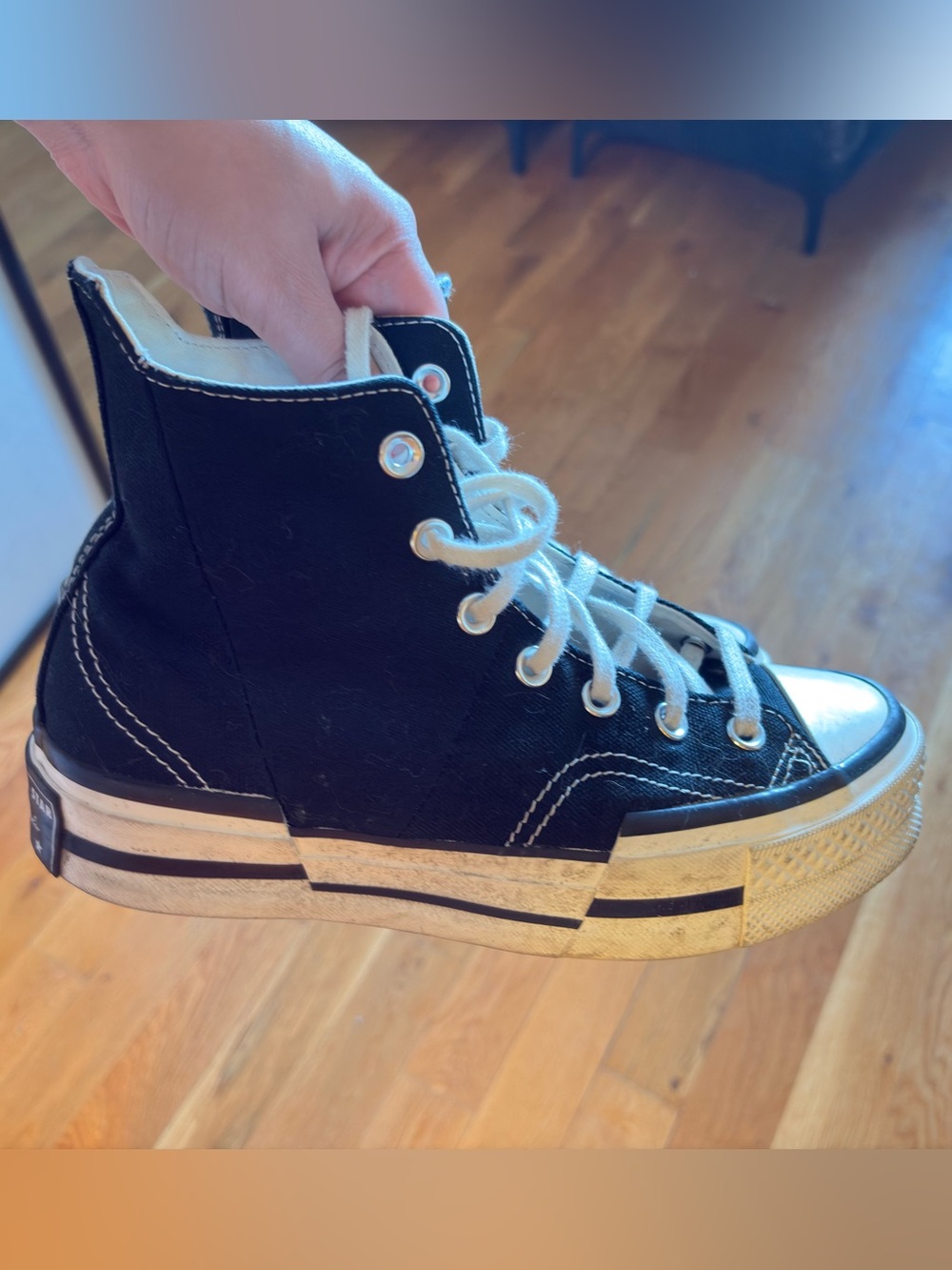 Womens Black High-Top Converse Canvas Sneakers with White Laces